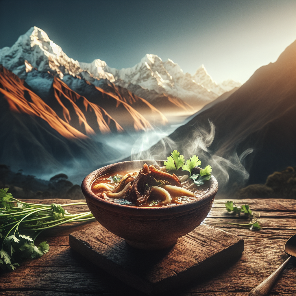 Peruvian Caldo de cabeza with the Andes in the background